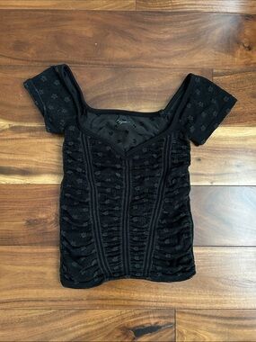 Black Short Sleeve Ruched Square-Neck Top